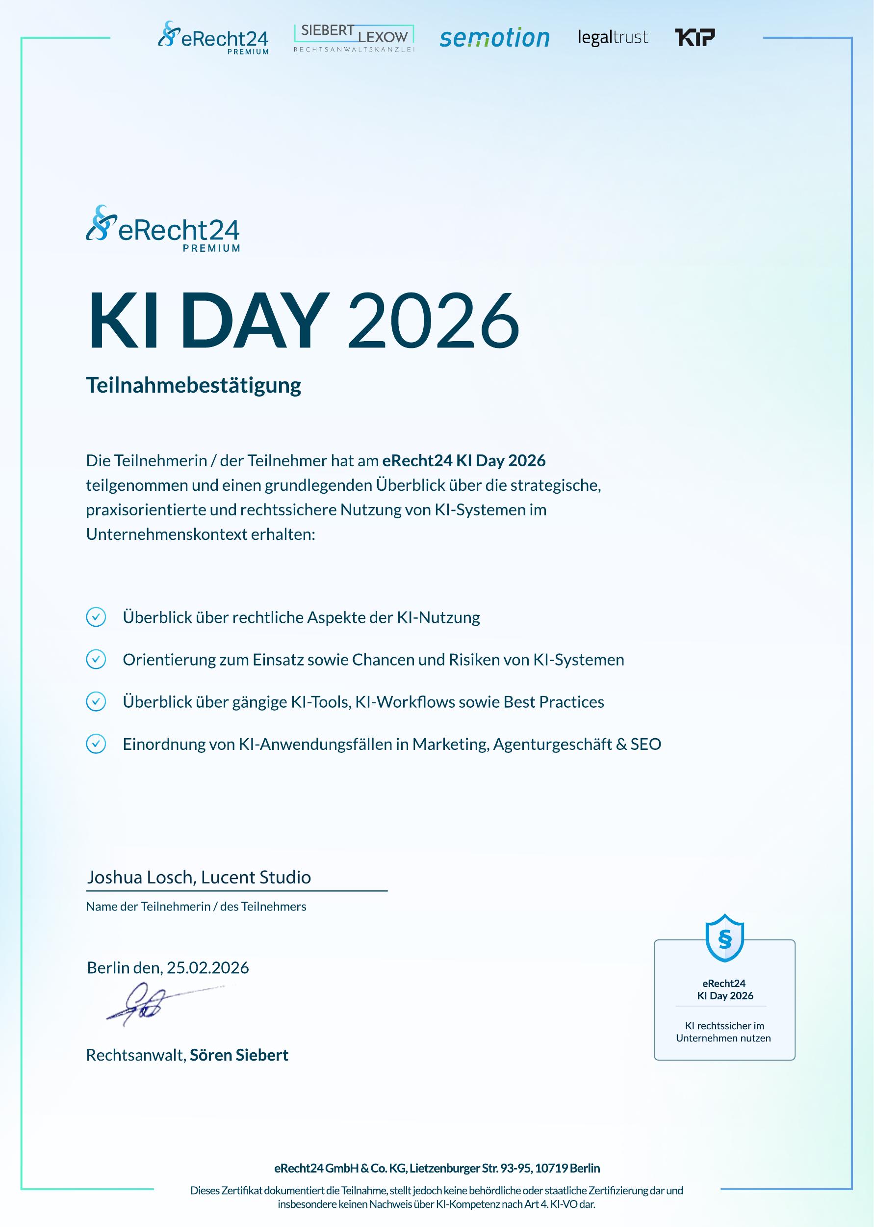 Teilnahmebestätigung KI DAYS 2026, eRecht24